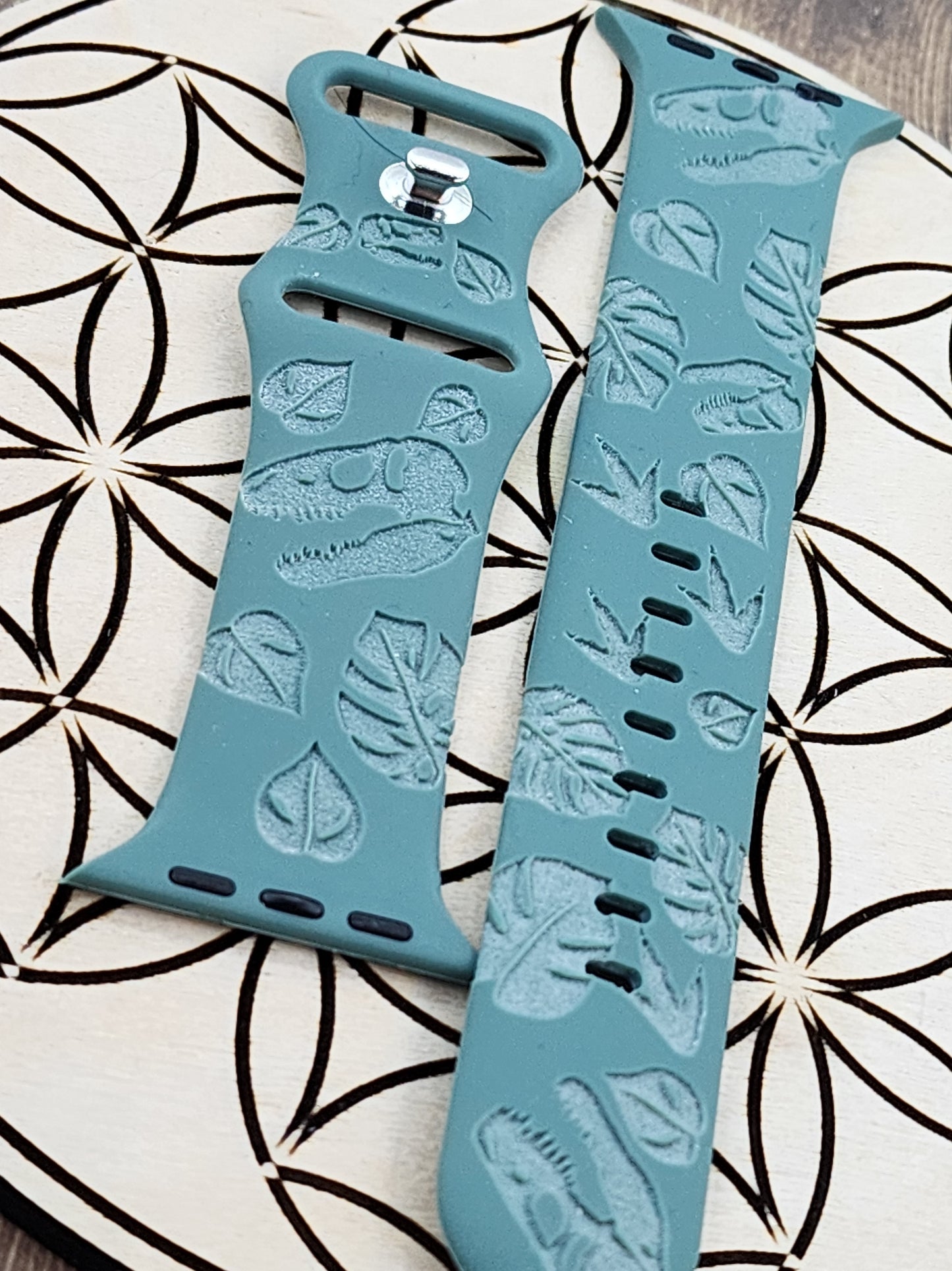 Tyrannosaurus Rex T-Rex and Monstera Leaves Silicone Apple Watch band