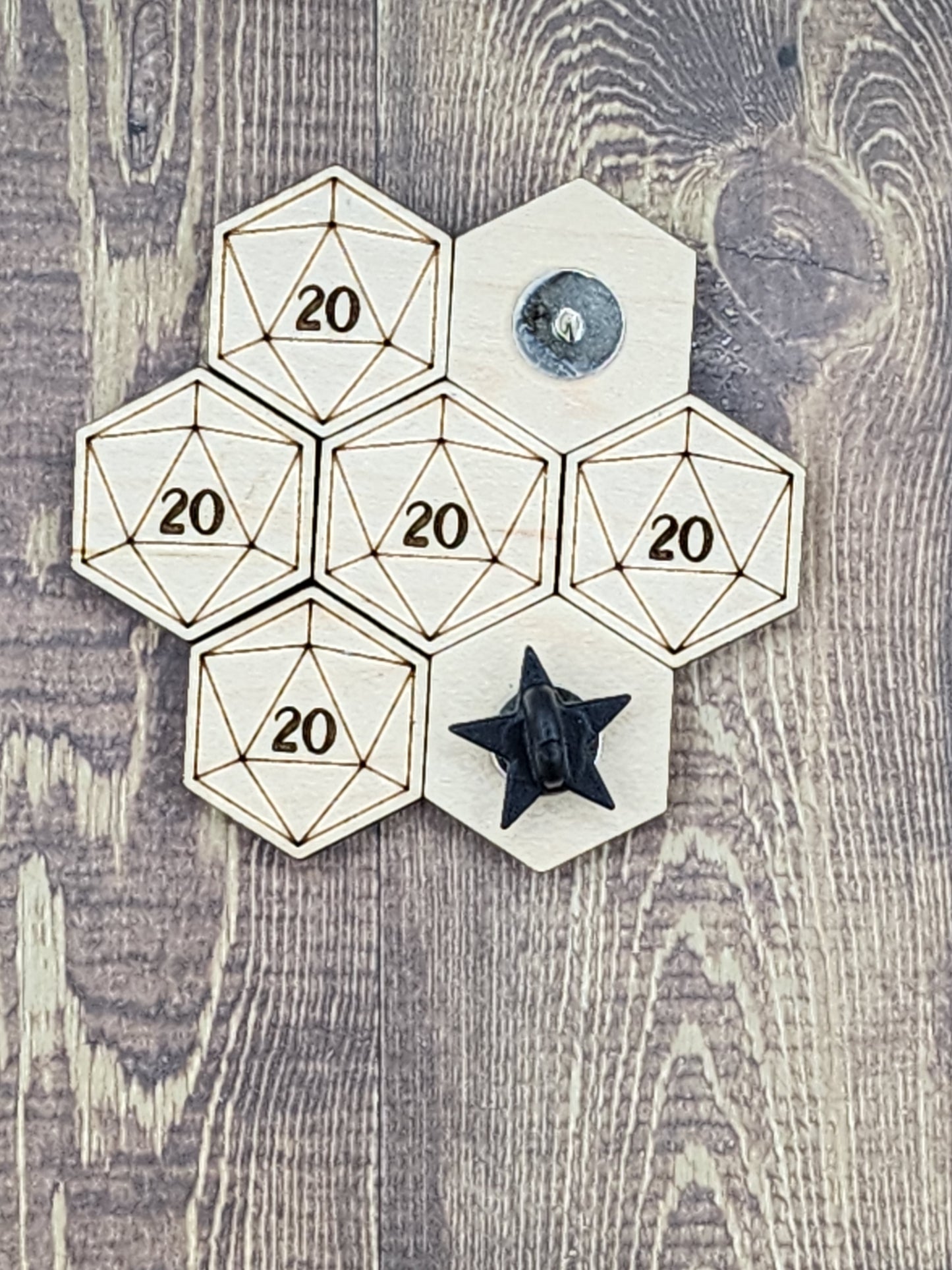 Wooden d20 pin