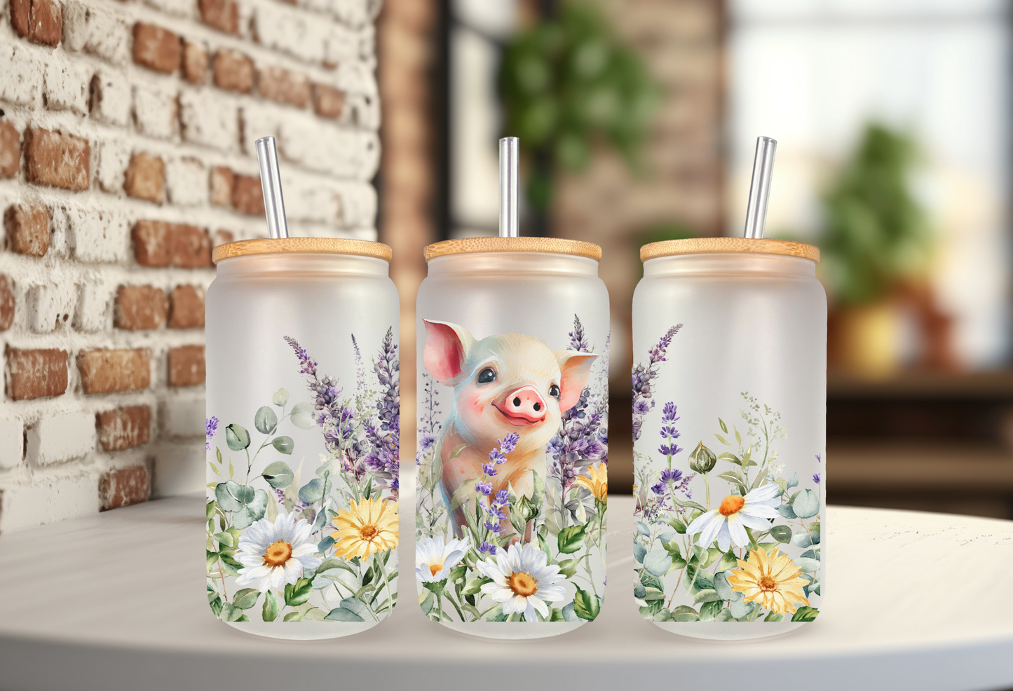 Floral Piggie 18oz frosted glass can cup with straw and lid