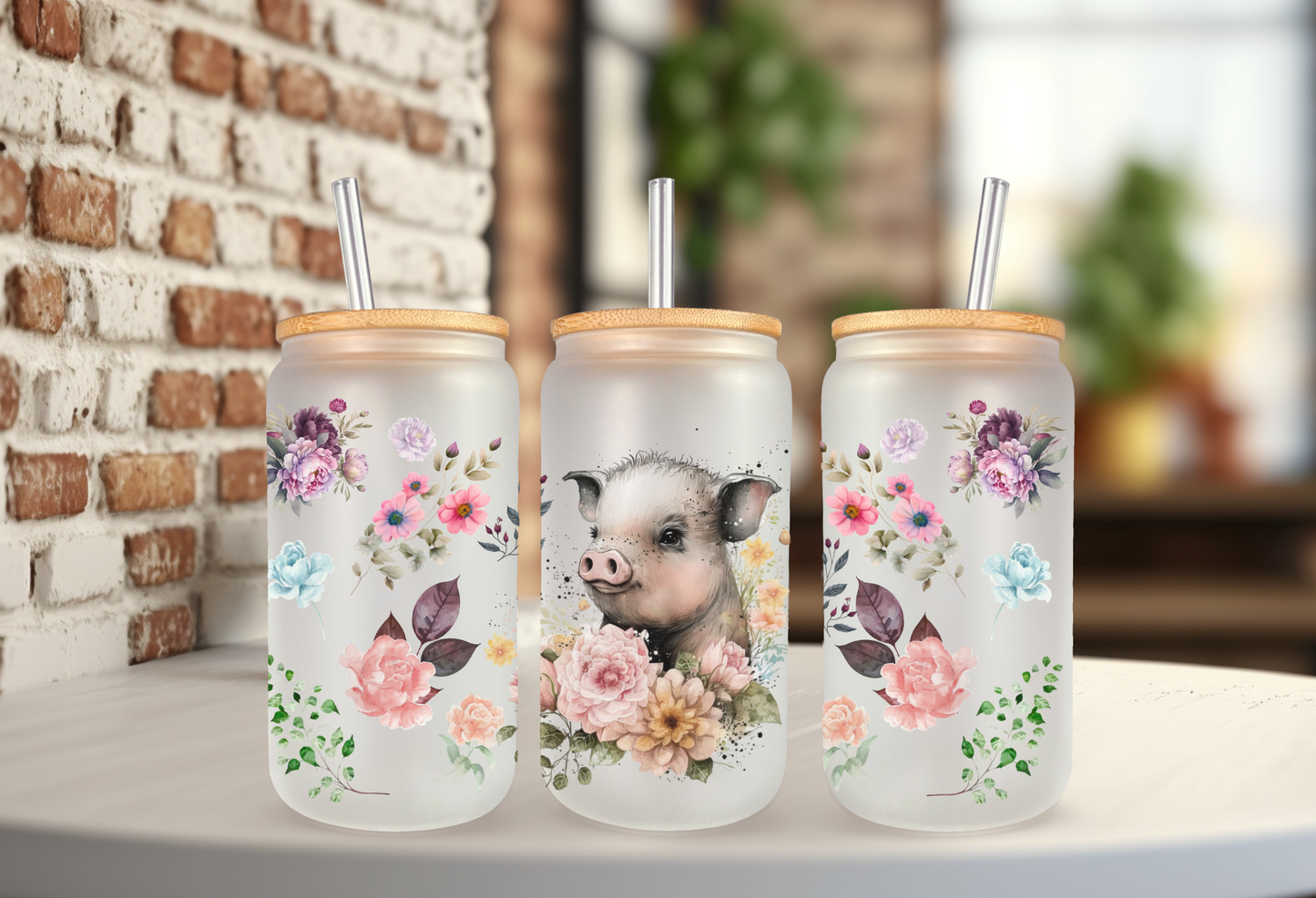 Floral Piggie 18oz frosted glass can cup with straw and lid