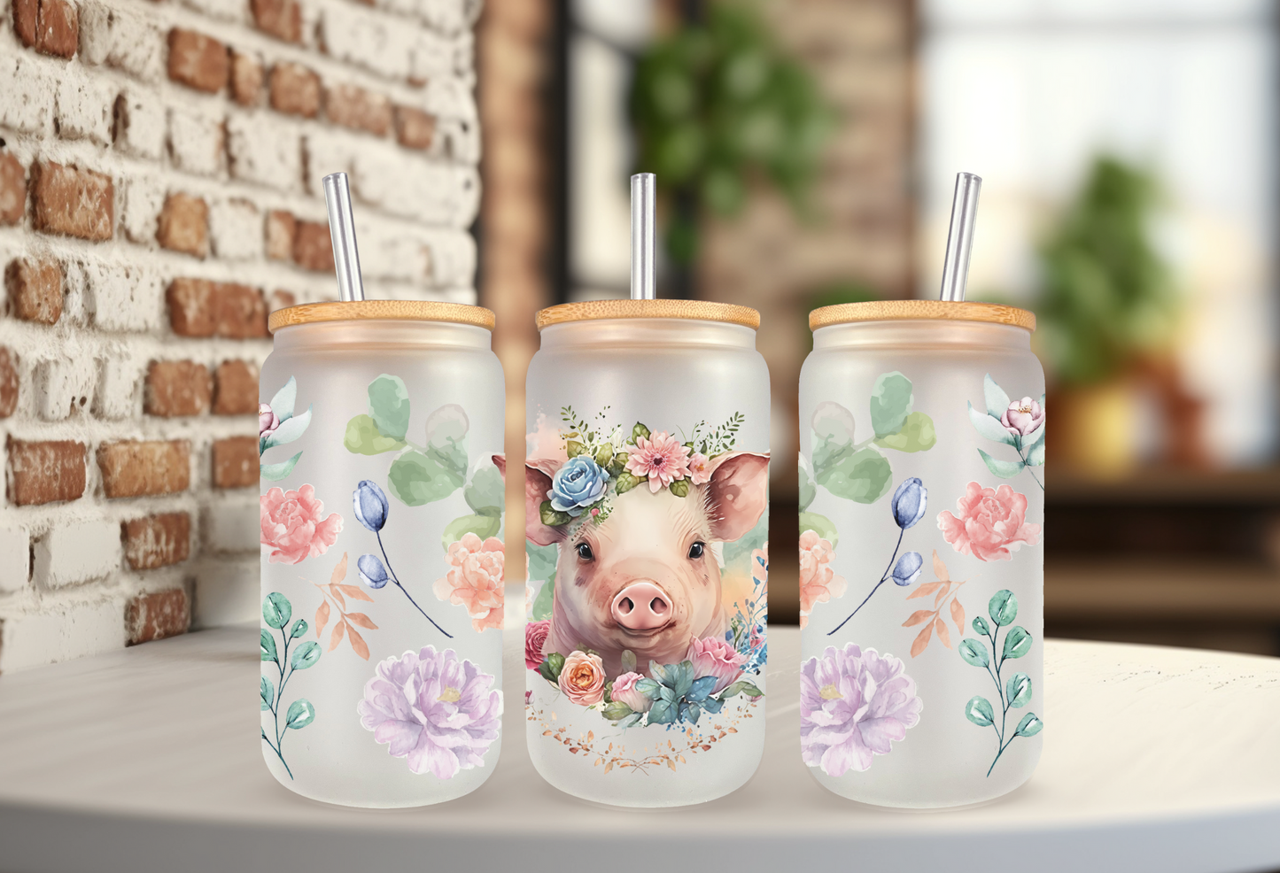 Floral Piggie 18oz frosted glass can cup with straw and lid