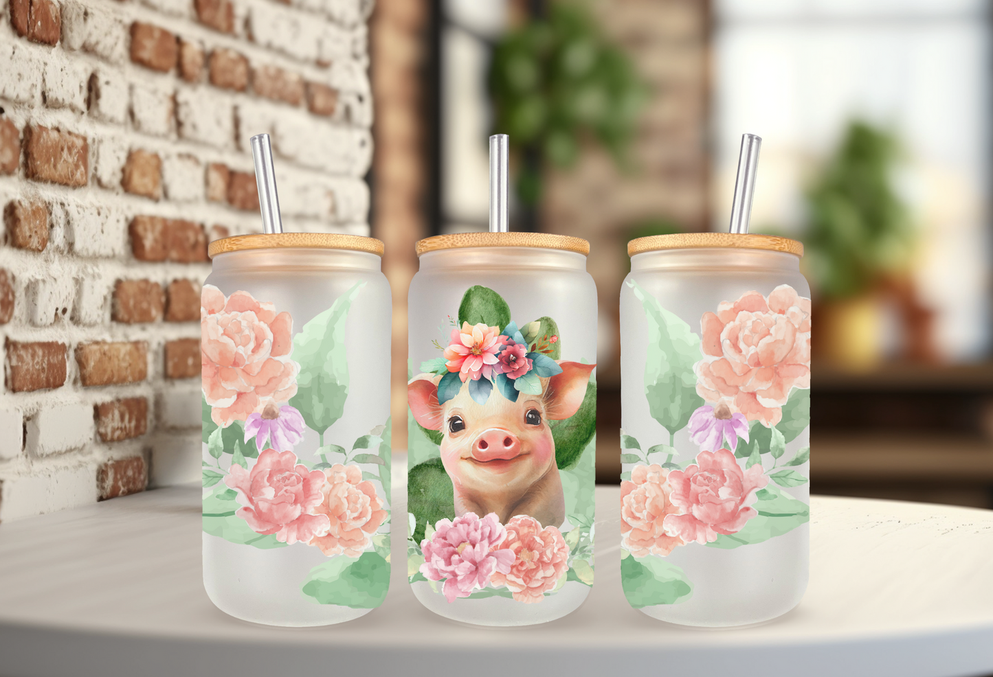 Floral Piggie 18oz frosted glass can cup with straw and lid