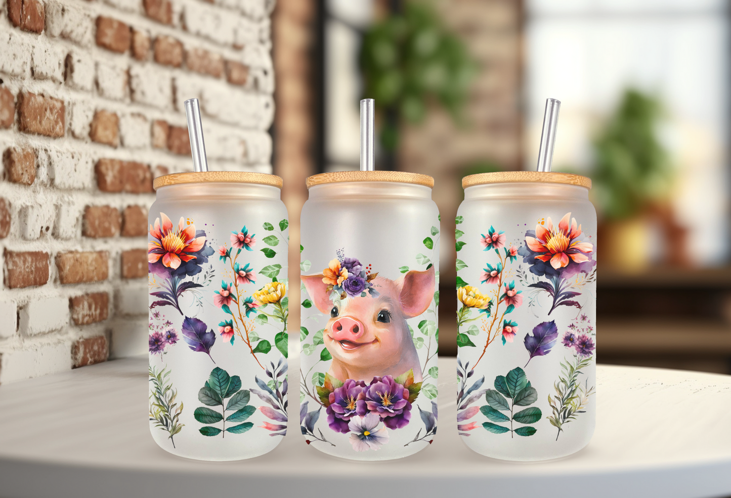 Floral Piggie 18oz frosted glass can cup with straw and lid