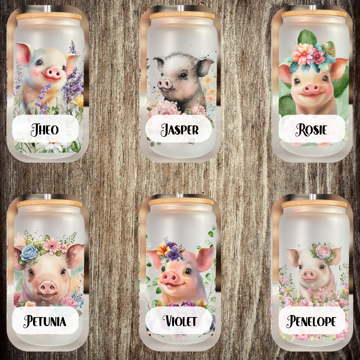 Floral Piggie 18oz frosted glass can cup with straw and lid