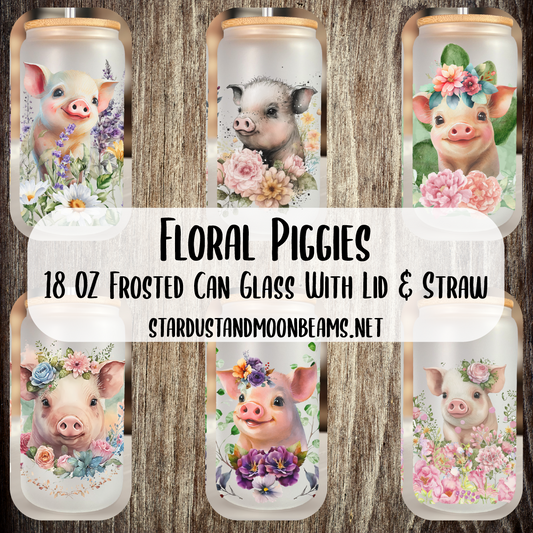 Floral Piggie 18oz frosted glass can cup with straw and lid