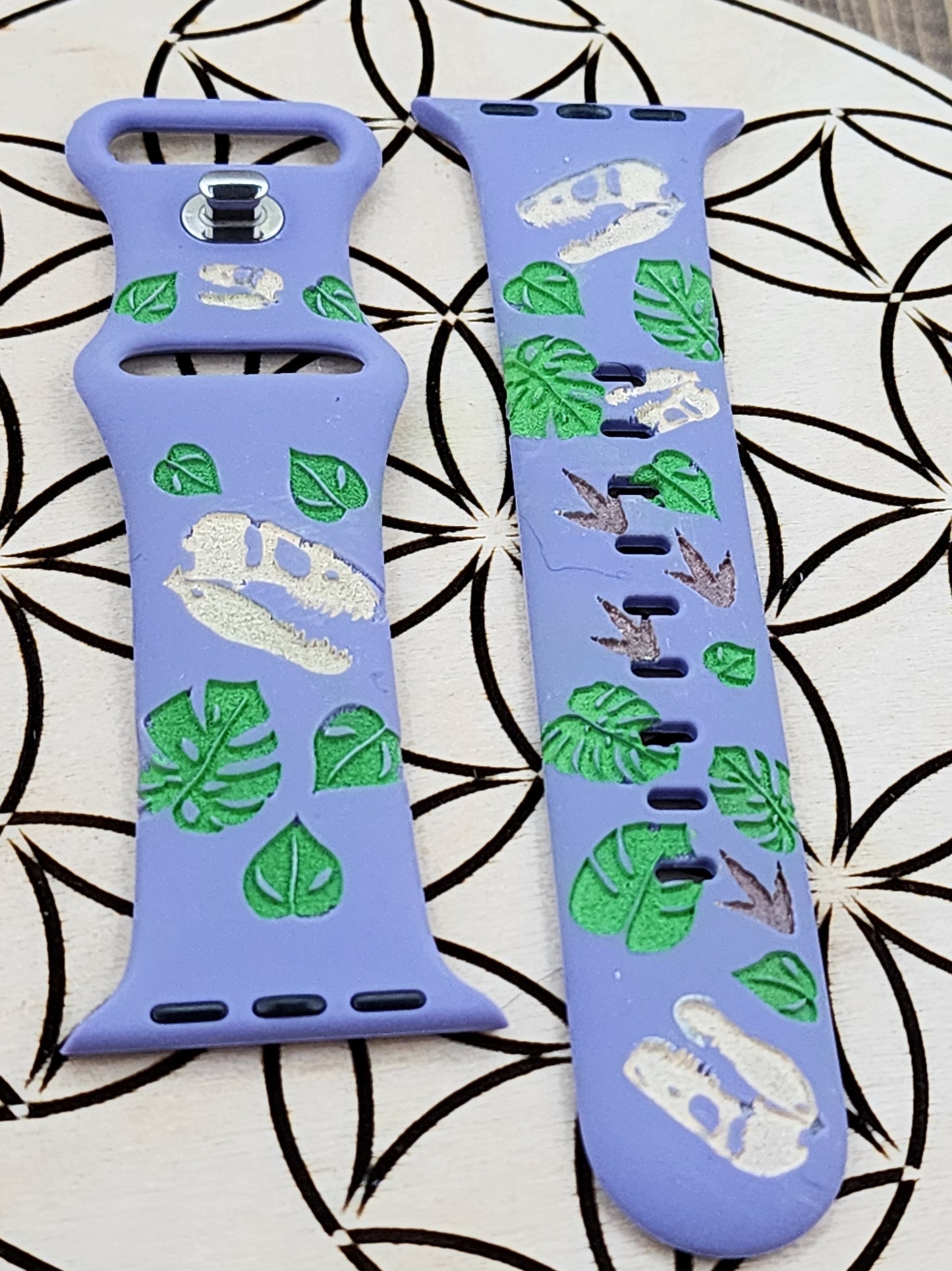 Tyrannosaurus Rex T-Rex and Monstera Leaves Silicone Apple Watch band