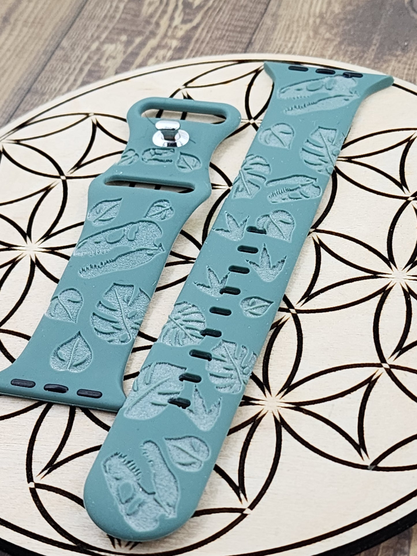 Tyrannosaurus Rex T-Rex and Monstera Leaves Silicone Apple Watch band