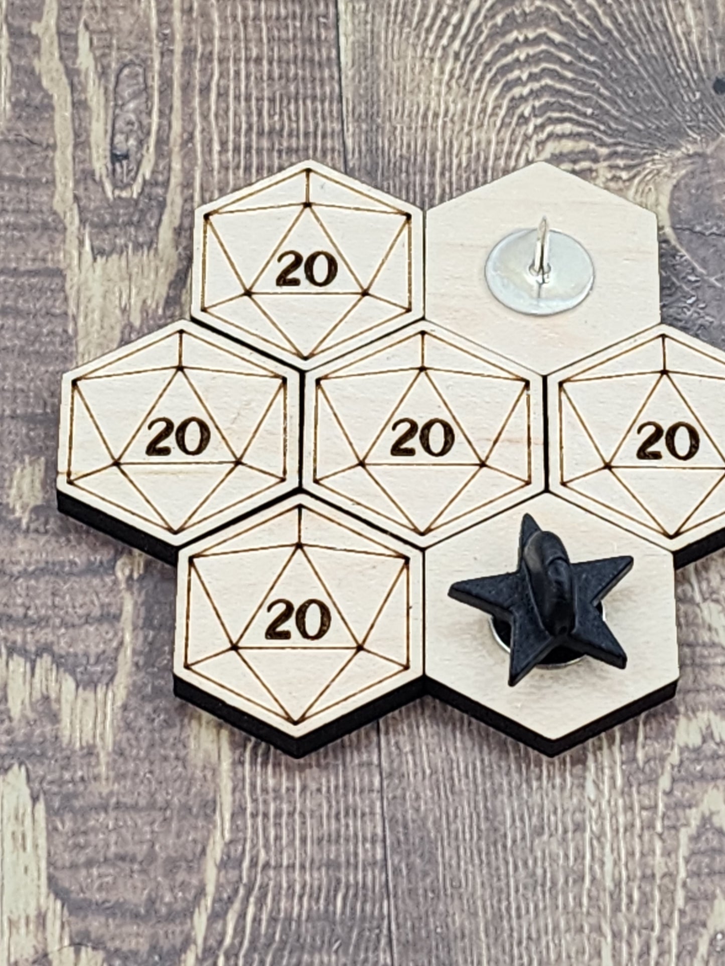 Wooden d20 pin