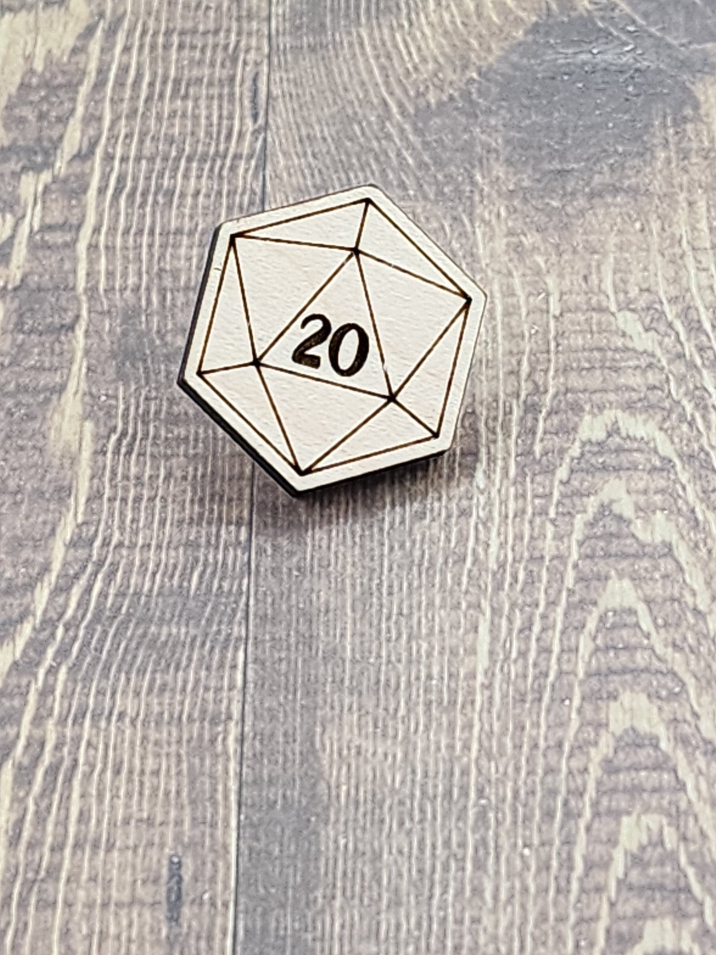 Wooden d20 pin