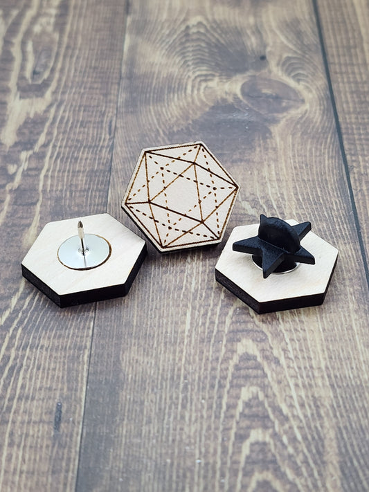 Geometric wooden d20 pin