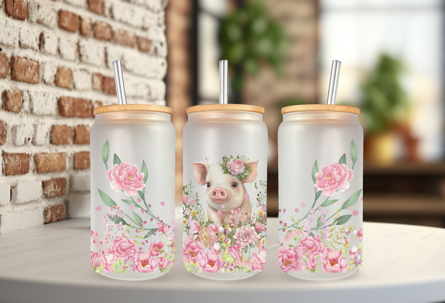 Floral Piggie 18oz frosted glass can cup with straw and lid