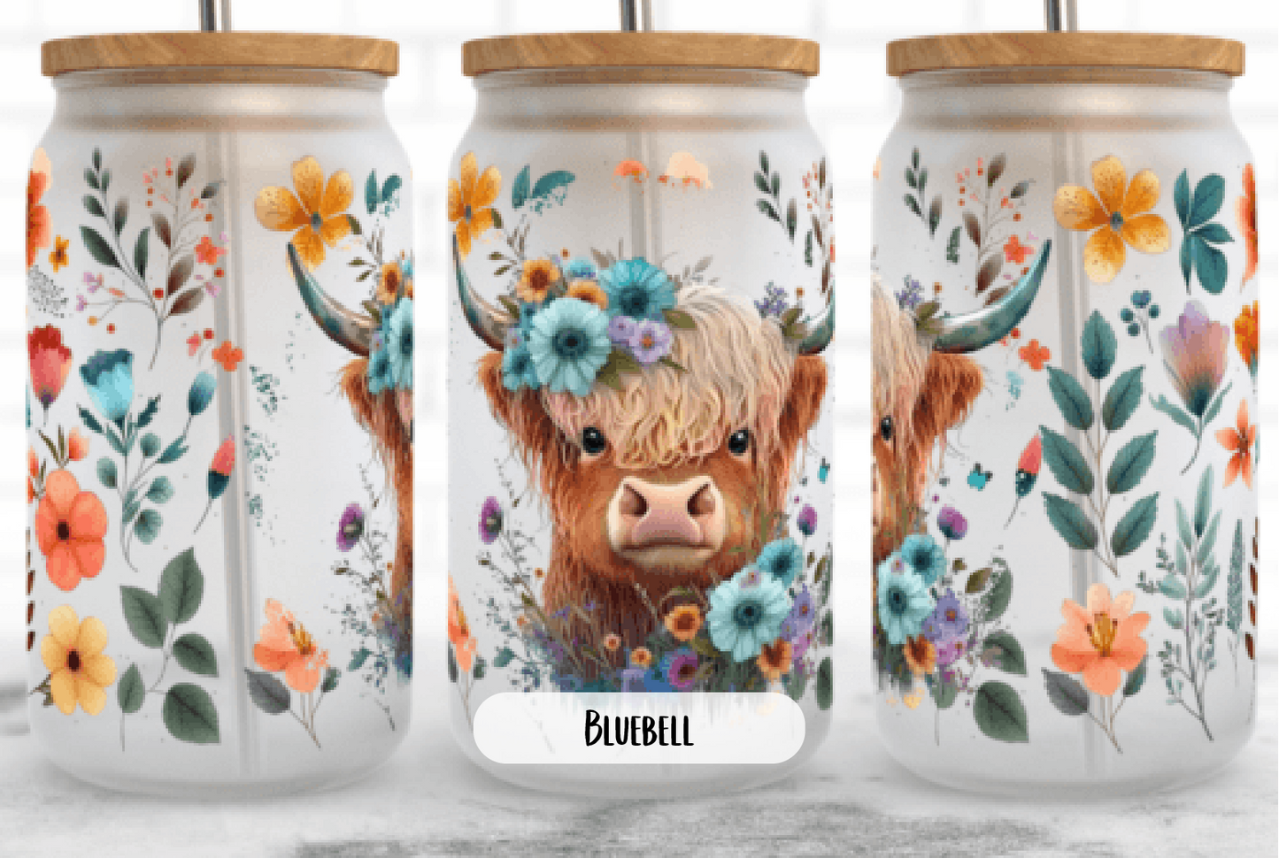 Highland Cow 18oz frosted can glass with lid and straw