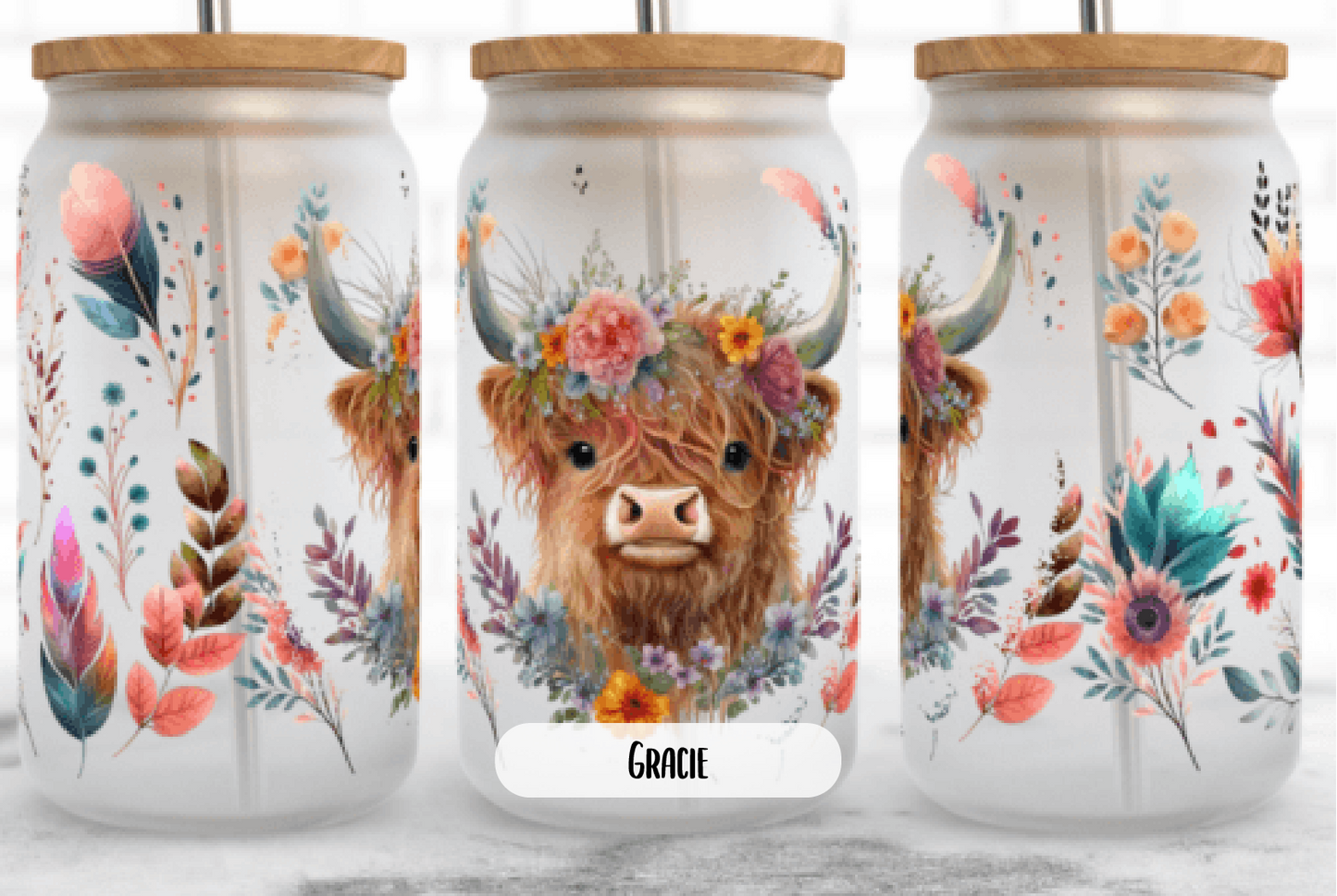 Highland Cow 18oz frosted can glass with lid and straw