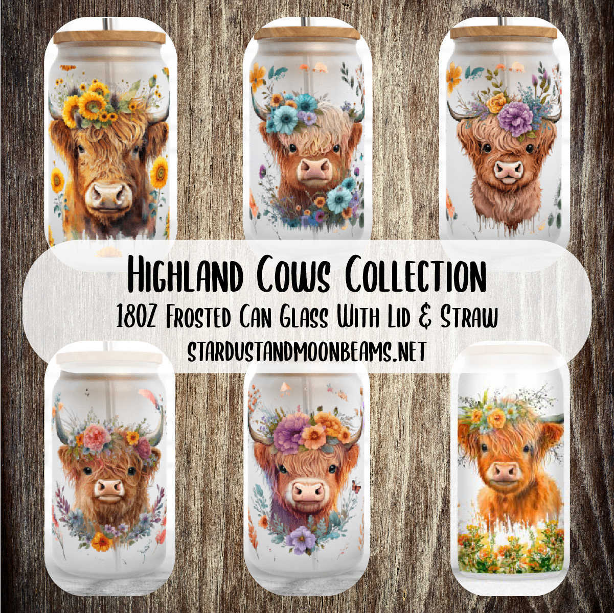 Highland Cow 18oz frosted can glass with lid and straw