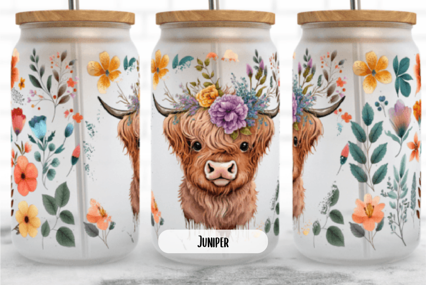 Highland Cow 18oz frosted can glass with lid and straw