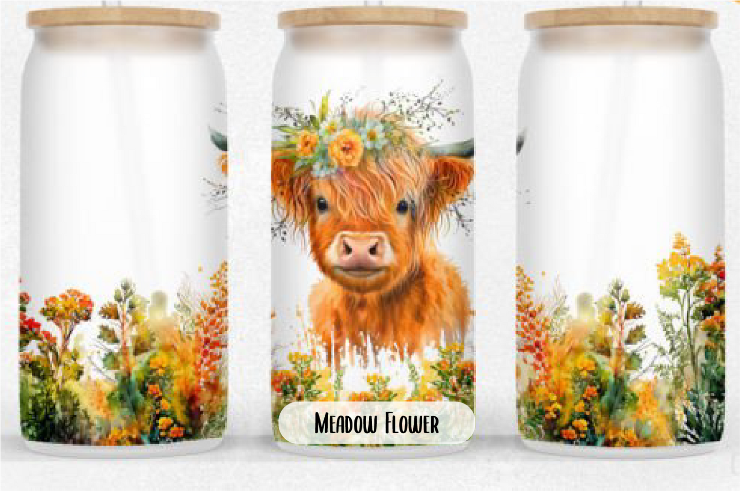 Highland Cow 18oz frosted can glass with lid and straw