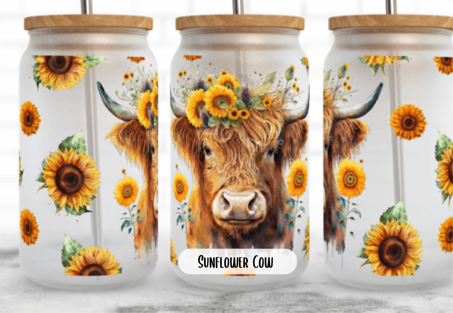 Highland Cow 18oz frosted can glass with lid and straw