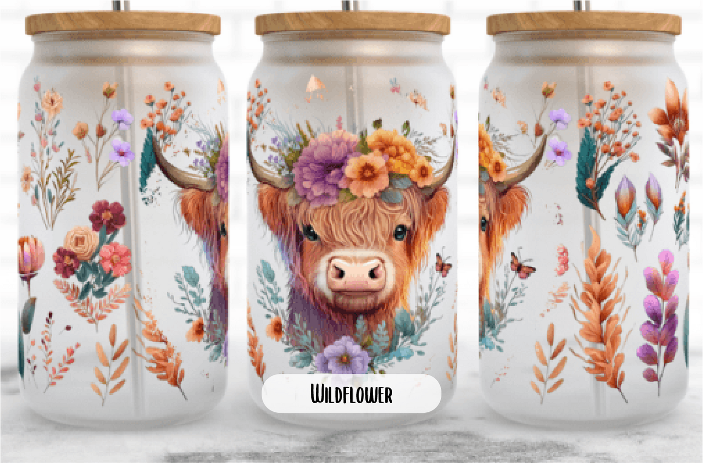 Highland Cow 18oz frosted can glass with lid and straw