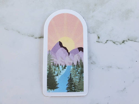 Serene mountain sunrise sticker, outdoor sticker, nature sticker, hike sticker